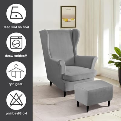 3-delige fluwelen hoes voor fauteuil en voetenbank, elastisch en wasbaar, hoge rugleuning, lichtgrijs, perfect voor bescherming en stijl