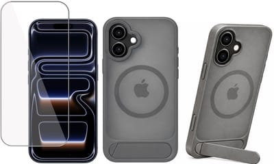 Hoesje met Kickstand + Screenprotector geschikt voor iPhone 17 – Geschikt voor MagSafe - Met Standaard - Draadloos Opladen – Grijs