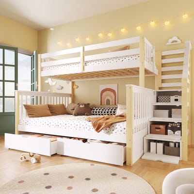 Stapelbed - 90x200/140x200 cm - met Laden en Opbergruimte - Wit/Naturel