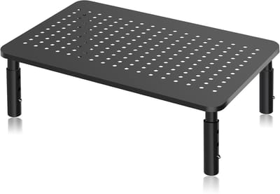 Famanu – Metalen monitorstandaard met verstelbare hoogte, geperforeerd platform, geschikt voor monitor, printer of notebook, zwart
