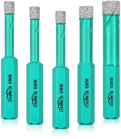 Diamond Drill Bit Crown, LEKOMESH Tile Drill Bit Set, 5 Pieces, 6/6/6/8/10 mm, Hex Shank, Porcelain Tiles, Drill Bit for Ceramic, Marble, Granite, Stone, Quartz, Vacuum Brazed