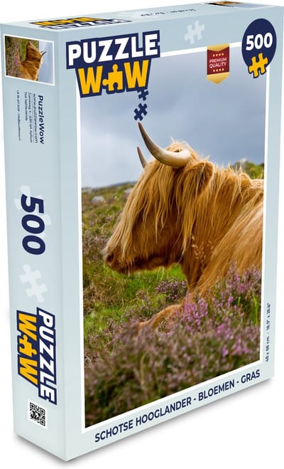 Puzzel Schotse hooglander - Bloemen - Gras - Legpuzzel - Puzzel 500 stukjes
