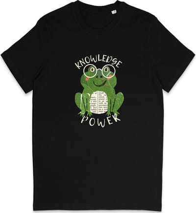 T Shirt Grappige Kikker Print - Dames Heren - Quote: Kennis Is Macht - Zwart - XS