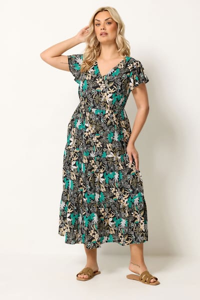 Yours Zwarte En Groene Bloemenprint Smockjurk Size 42