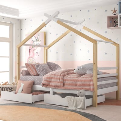 Kinderbed 90x200 cm - met lade - massief hout met bedbodem - huisbed - wit houtnerf - zonder matras