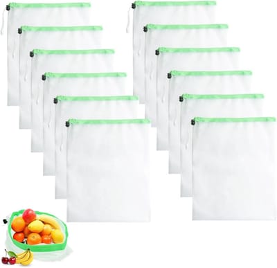 Herbruikbare mesh zakken voor groenten en fruit - 12 stuks, 35 x 30 cm, wasbare en doorzichtige tasjes voor voedsel en speelgoed