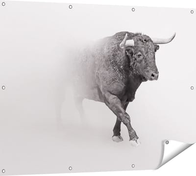 Gards Tuinposter Stier op een Grijze Achtergrond - Zwart Wit - 120x90 cm - Tuindoek - Tuindecoratie - Wanddecoratie buiten - Tuinschilderij