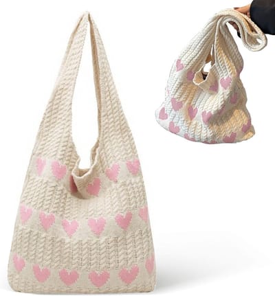 Handgehaakte Schoudertas voor Jongeren en Meisjes, Gewoven Strandtas, Mode Accessoire met Hartvorm (38 x 36 cm)