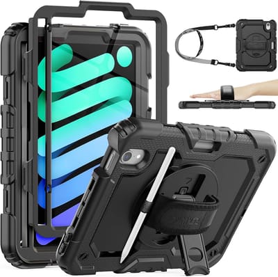 Schokbestendige iPad mini 7 (A17 Pro) 2024/ Mini 6 2021 Hoes met Schermbeschermer, 360° Draaiende Stand, Hand- en Schouderband, Zwart