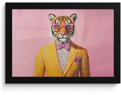 Poster in lijst - Fotolijst 30x20 cm - Posters - Tijger - Bril - Geel - Jasje - Posterlijst zwart - Decoratie - Wanddecoratie woonkamer - Muurdecoratie slaapkamer