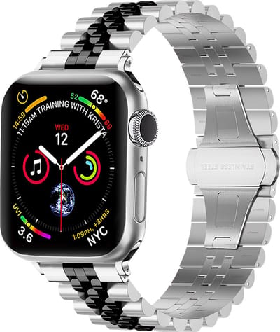 Strap-it Jubilee stalen schakel band - Geschikt voor Apple Watch bandje - Series 1/2/3/4/5/6/7/8/9/10/11/SE/SE2/SE3 - Zilver/Zwart - Staal/metalen luxe band met vlindersluiting - RVS iWatch bandje voor maat: 38 / 40 / 41 / 42mm