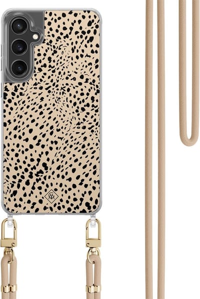 Casimoda® hoesje met koord - Geschikt voor Samsung S24 FE - Stippen bruin abstract - Afneembaar koord - TPU/polycarbonaat - Bruin/beige