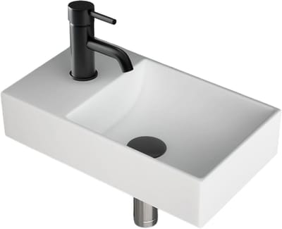 Alpenberger Mini wastafel, vierkant, badkamerwastafel van sanitair met links, voor wandmontage, rechthoekige wastafel in wit met legplank rechts