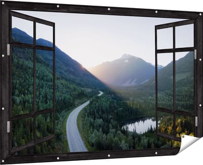 Gards Tuinposter Doorkijk Weg Door het Bergen Landschap - 180x120 cm - Tuindoek - Tuindecoratie - Wanddecoratie buiten - Tuinschilderij