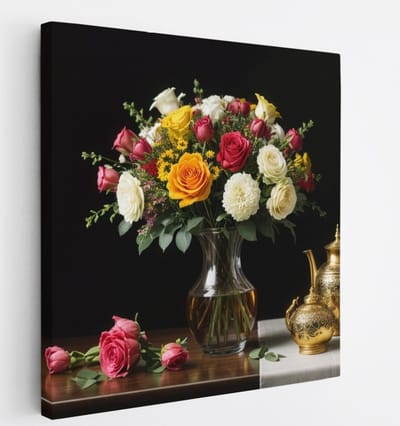 Saammp Canvas Schilderij - Klassiek Bloemen Boeket met Goud - Natuur - Abstract - 20x20 - Foto op canvas - Wanddecoratie - Muurdecoratie Woonkamer - Kantoor Decoratie