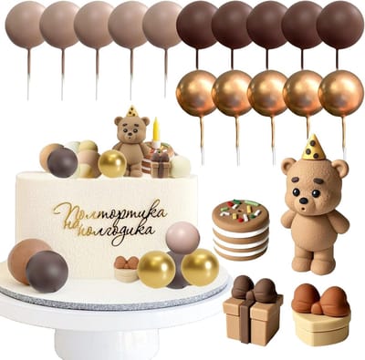19 stuks taartdecoratie beer, taarttopper, ballen, taarttopper, bruine beer, teddybeer, verjaardagstaart, decoratie voor verjaardag, feest
