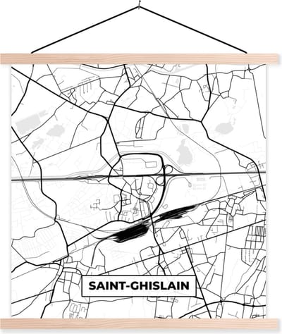 Posterhanger incl. Poster 40x40 cm - Schoolplaat - Stadskaart – Plattegrond – België – Zwart Wit – Saint Ghislain – Kaart - Textielposter - Blanke latten - Stadskaart