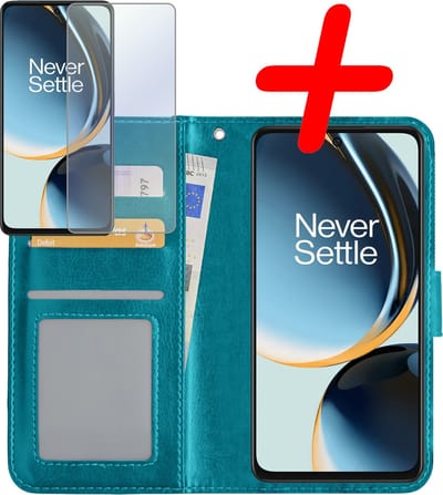 Hoesje Met Screenprotector - Geschikt voor OnePlus Nord CE 3 Lite - Luxe Pasjeshouder - Bookcase Portemonee - Flip Case - Kunstleer Book Case - Flipcase - Book Cover - Walletcase - Portemonneehoes - Turquoise