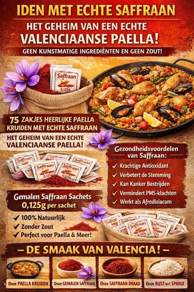 75 ZAKJES HEERLIJKE PAELLA KRUIDEN MET ECHTE SAFFRAAN, HET GEHEIM VAN EEN ECHTE VALENCIAANSE PAELLA. GEEN KUNSTMATIGE INGREDIËNTEN EN GEEN ZOUT.