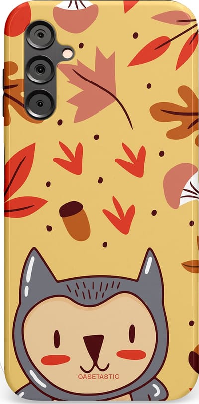 Casetastic hoesje geschikt voor Samsung Galaxy A14 (2023) 5G / Samsung Galaxy A14 (2023) 4G - Dubbellaagse bescherming - Uil in het woud - Fashion Case - Goud Terracotta Zand Rood