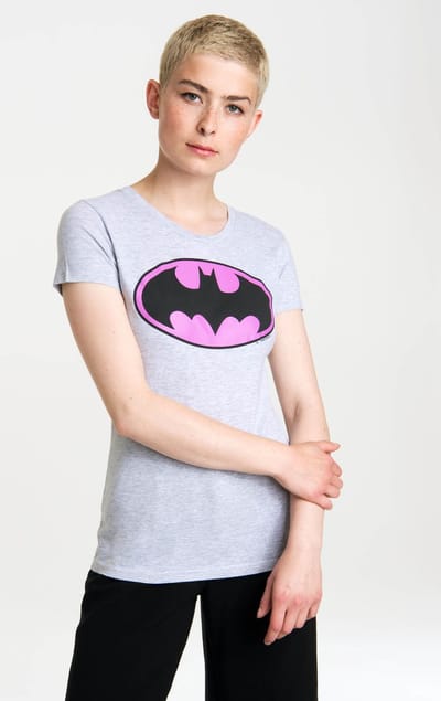 Logoshirt Vrouwen T-shirt Batman - Logo pink - Shirt met ronde hals van Logoshirt - grijs gespikkeld