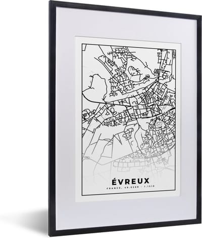 Fotolijst incl. Poster Zwart Wit- Stadskaart – Plattegrond – Évreux - Kaart – Frankrijk - Zwart wit - 30x40 cm - Posterlijst