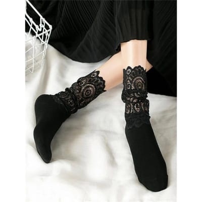 Sexy Kant Bloemen Mesh Sokken Vrouwen Zwart Transparant Korte Katoenen Sok Voor Dames Elastische Retro Leuke Sokken Vrouwelijke Nieuw One Size zwart