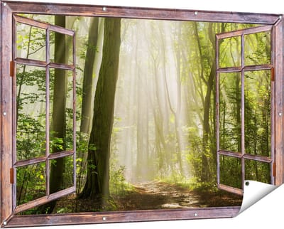 Gards Tuinposter Doorkijk Bos met Bomen en Zonneschijn - 150x100 cm - Tuindoek - Tuindecoratie - Wanddecoratie buiten - Tuinschilderij