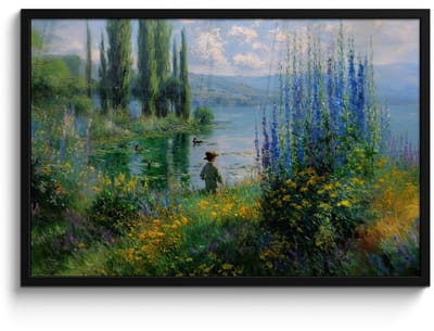 Poster in lijst - Fotolijst 90x60 cm - Posters - Bloemen - Meer - Bergen - Groen - Posterlijst zwart - Decoratie - Wanddecoratie woonkamer - Muurdecoratie slaapkamer
