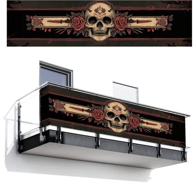 Balkonscherm 500x120 cm - Balkonposter Schedel - Rozen - Gotisch - Balkon scherm decoratie - Balkonschermen - Balkondoek zonnescherm