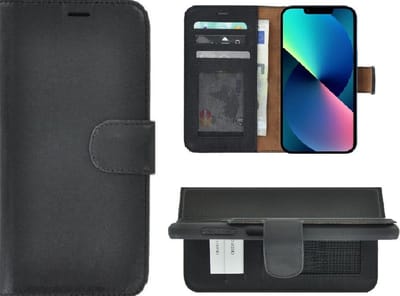 Hoesje Geschikt voor iPhone 13 Mini - Bookcase - Portemonnee Hoes Echt leer Wallet case Zwart