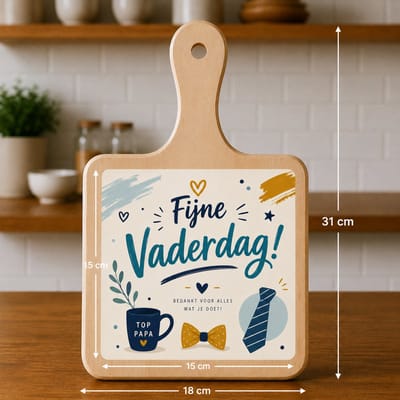 Kaasplank met Tegel Fijne Vaderdag – Vaderdag Cadeau voor Papa – Houten Serveerplank 18x31 cm met Tegel 15x15 cm – Top Papa Cadeau
