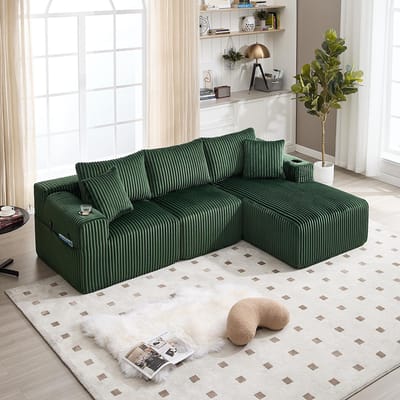 Pugsdrly Modulaire bankenset met chaise longue en 2-zitsbank, bekleding van zacht corduroy, met 5 kussens, zijvakken en bekerhouders, schuim met hoge dichtheid, DIY-combinatie, ideaal voor de woonkamer, het appartement en de studio.