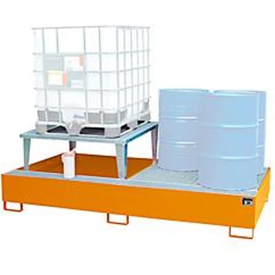 Opvangbak Bauer AWA 21, staal, oranje, L 2650 x B 1460 x H 863 mm, 1000 l, voor 2 x 1000 l IBC, 1 vulstuk, 1 rooster