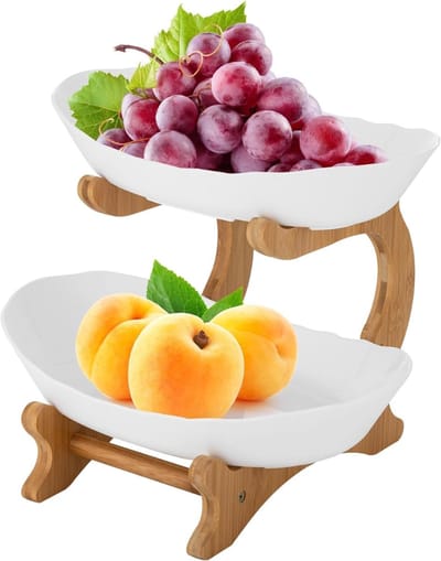 AHD® Fruitschaal - Fruitmand - Etagere 3 Laags - Fruitschaal Etagere - Fruit Etagere - Wit/Bruin - 33cm × 18cm × 45cm