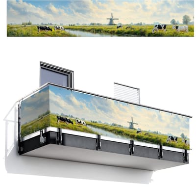 Balkonscherm 500x100 cm - Balkonposter Koeien - Windmolen - Weide - Blauw - Balkon scherm decoratie - Balkonschermen - Balkondoek zonnescherm
