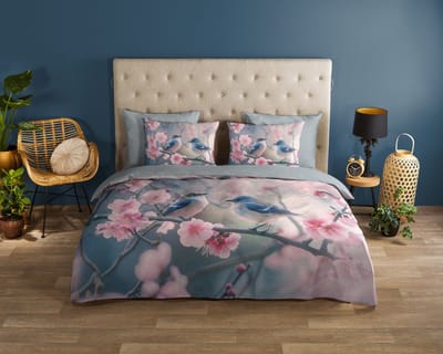 Good Morning dekbedovertrek vogels en bloesem - 1 persoons 140x200/220 cm - Grijs - 100% Katoen renforc�