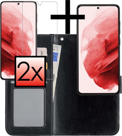 Hoesje - 2 in 1 - Geschikt voor Samsung Galaxy S21 - Met 2x Screenprotector - En Uitneembare Hard Cover - Bookcase - Wallet Case - Met Pasjeshouder - Book Case - Uitneembaar - Pashouder - Kunstleer - Zwart