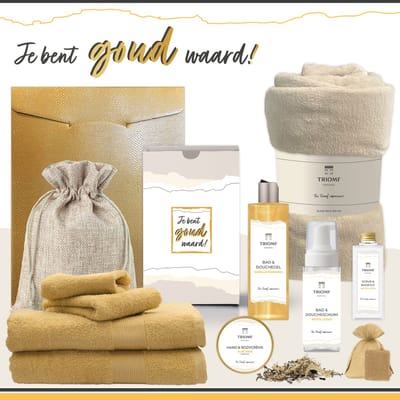 Geschenkset “Je Bent Goud Waard!” - 11 producten - 1660 gram | Triomf Original - Giftset voor haar Cadeau Valentijnsdag Luxe wellness cadeaubox Vrouw Ik hou van jou Cadeaupakket Kerst Geschenk Moeder Verjaardag Gift Set Valentijn Vriendin Geel Crème