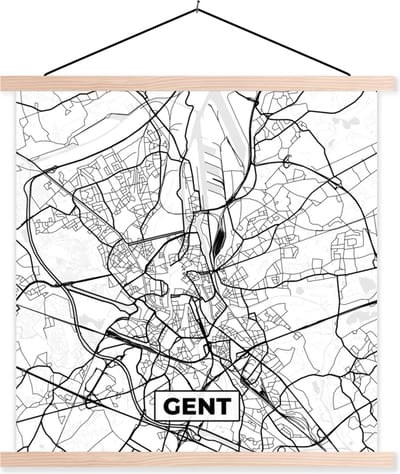 Posterhanger incl. Poster 40x40 cm - Schoolplaat - Stadskaart – Plattegrond – België – Zwart Wit – Gent – Kaart - Textielposter - Blanke latten - Stadskaart