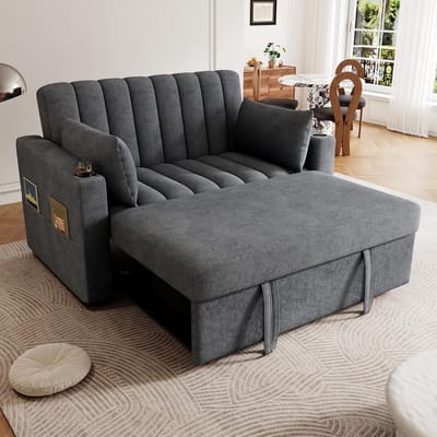 Slaapbank 2-zits 187 x 106 cm - Uitschuifbare Multifunctionele Bank met USB, Type-C, Bekerhouders, Opbergtas en Kussens - grijis - Vermissen