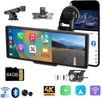 ESSGOO CarPlay Scherm 10 Inch - Apple CarPlay & Android Auto - Draadloos - Touchscreen - Navigatiesysteem auto - Inclusief 4K Front Dashcam - Bluetooth/FM/AUX/64G TF-kaart