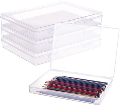 Dailygoods- Opbergdozen 4 stuks - Rechthoekig - Doorzichtig kunststof - Opklapbare deksels - Voor notitieboeken/pennen - Afmetingen 22,5 x 16,5 x 3,3 cm - Opbergbox