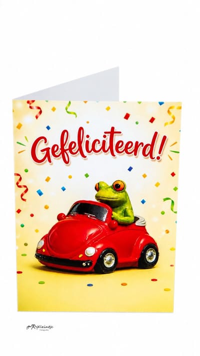 Rijbewijs wenskaart – Kikker in auto gefeliciteerd | Kleintje Fotografie