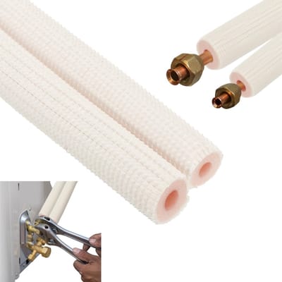 2 stukken isolatieschuim voor leidingen – Geschikt voor koperen leidingen van split- systemen (één stuk met binnendiameter 10 mm en één met 6 mm) – Lengte: 1 meter – Isolatie voor koperen aircoleidingen –Isolatiehuls voor leidingen van de buitenunit