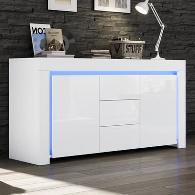 Sweiko Dressoir - 3 lades - 140*40*65 cm - Hoogglans - LED-verlichting - Wit
