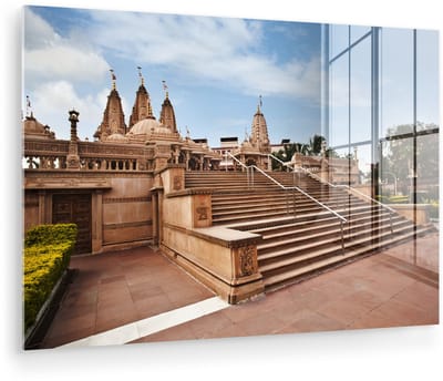 ® Glasschilderij 180x120 cm - Schilderij acrylglas - De Aziatische Swaminarayan-tempel in India - Foto op glas - Muurdecoratie woonkamer - Wanddecoratie slaapkamer - Schilderijen