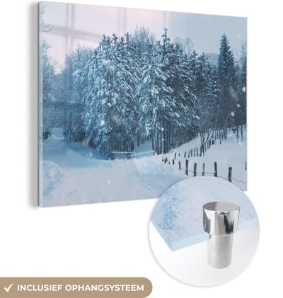 MuchoWow® Glasschilderij 40x30 cm - Schilderij acrylglas - Bos - Sneeuw - Winter - Foto op glas - Schilderijen