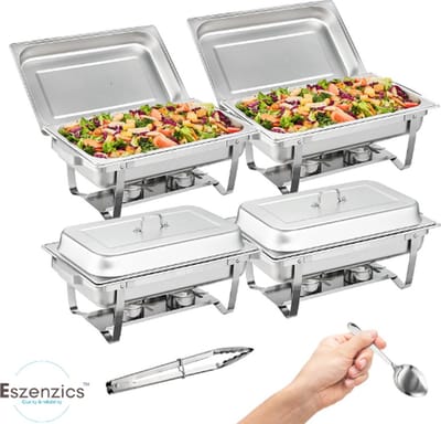 Eszenzics™ Chafing dish - Roestvrij Stalen buffetwarmer - Set van 2 stuks - 7.5 liter - Rechaud - Warmhouders - Bain marie - Extra 2 kleine bakken, pollepel en clip
