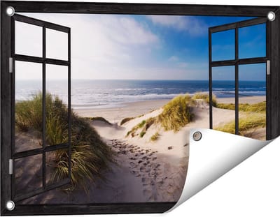 Gards Tuinposter Doorkijk Strand en Duinen - 60x40 cm - Tuindoek - Tuindecoratie - Wanddecoratie buiten - Tuinschilderij